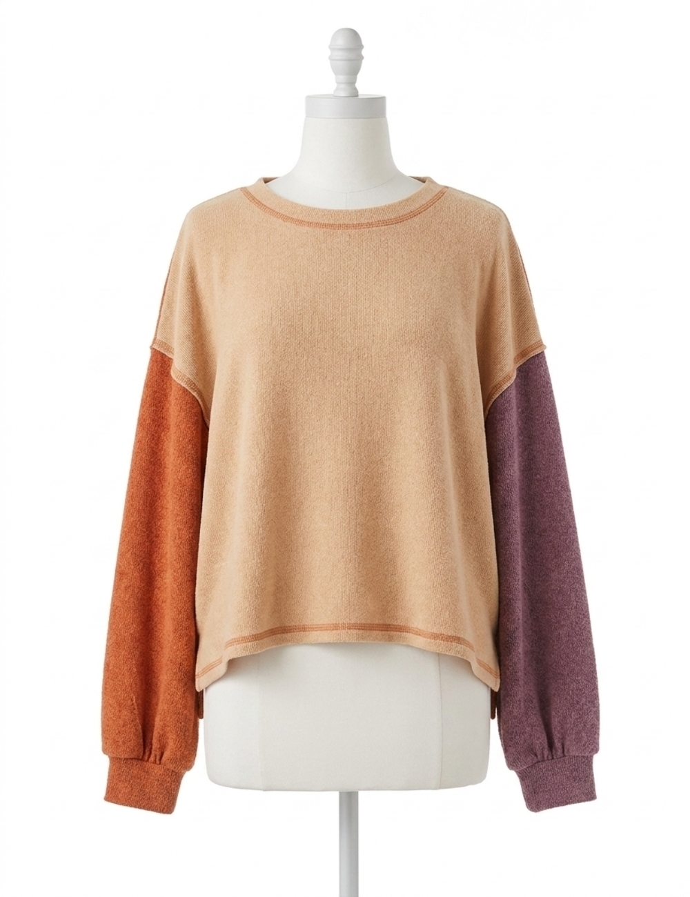 NEW SHE + SKY blocked knit pullover in taupe/carrot & eggplant